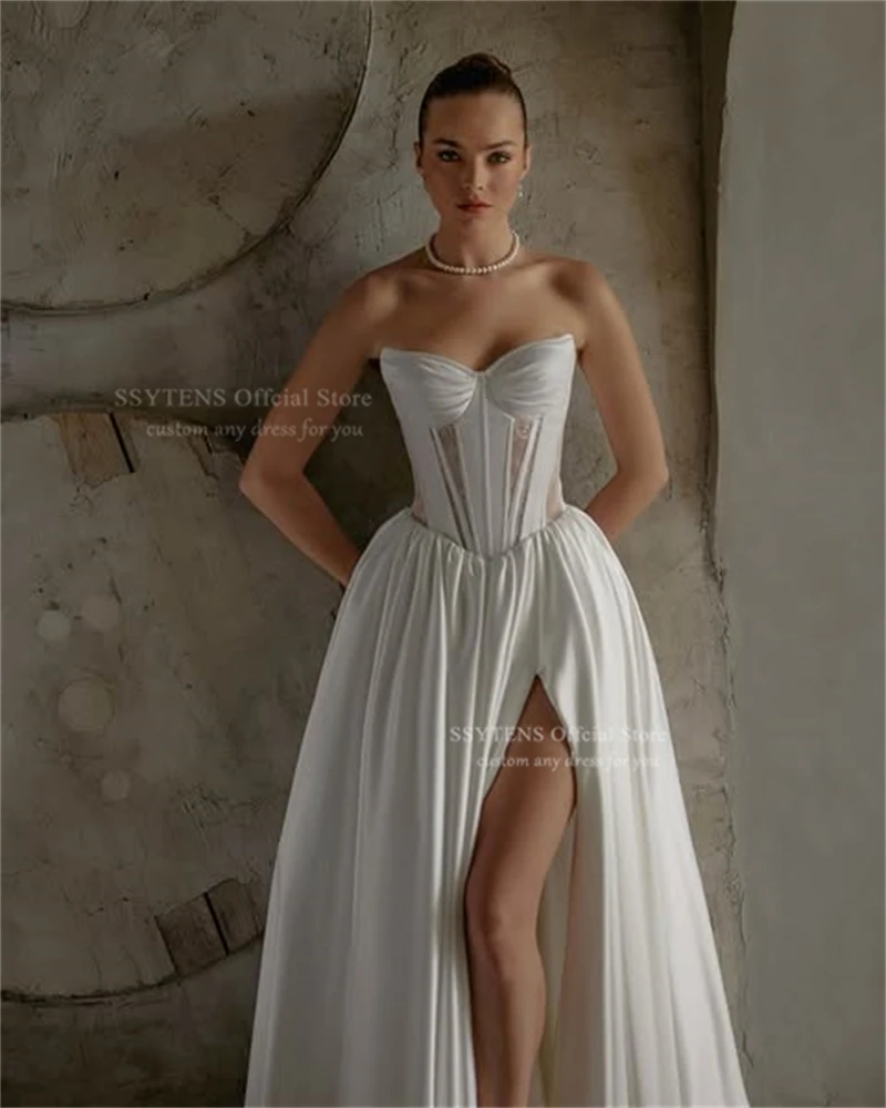 SSYTENS Vintage Italian Satin Wedding Dresses Long High Slit Lace Vestidos De Novia Boda Women Civil Bridal Gowns Customized
