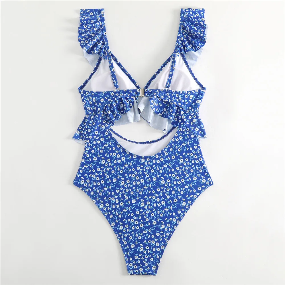 الأزرق الأزهار طباعة تكدرت ملابس السباحة مثير عارية الذراعين ملابس السباحة النساء قطعة واحدة ارتداءها 2026 الجوف خارج Monokini السباحة ثوب السباحة