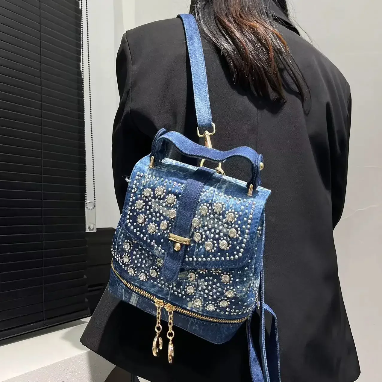 Women's Fashion Diamond Elegant Backpack Multifunctional Diamond Denim Shoulder Bag