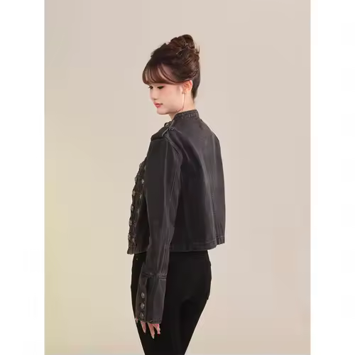 Women's Clothing Short Coat New Jeans Jacket Retro Button Design Slim Stand-up Collar Long Sleeves Denim Top Jacket Short Coat - Image 2