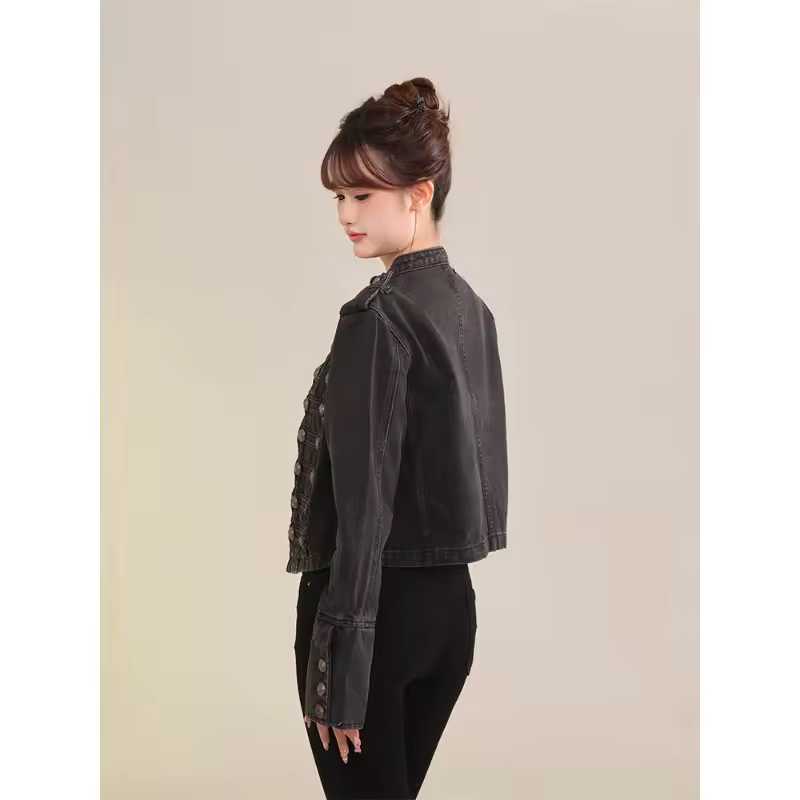 Women's Clothing Short Coat New Jeans Jacket Retro Button Design Slim Stand-up Collar Long Sleeves Denim Top Jacket Short Coat - Image 2