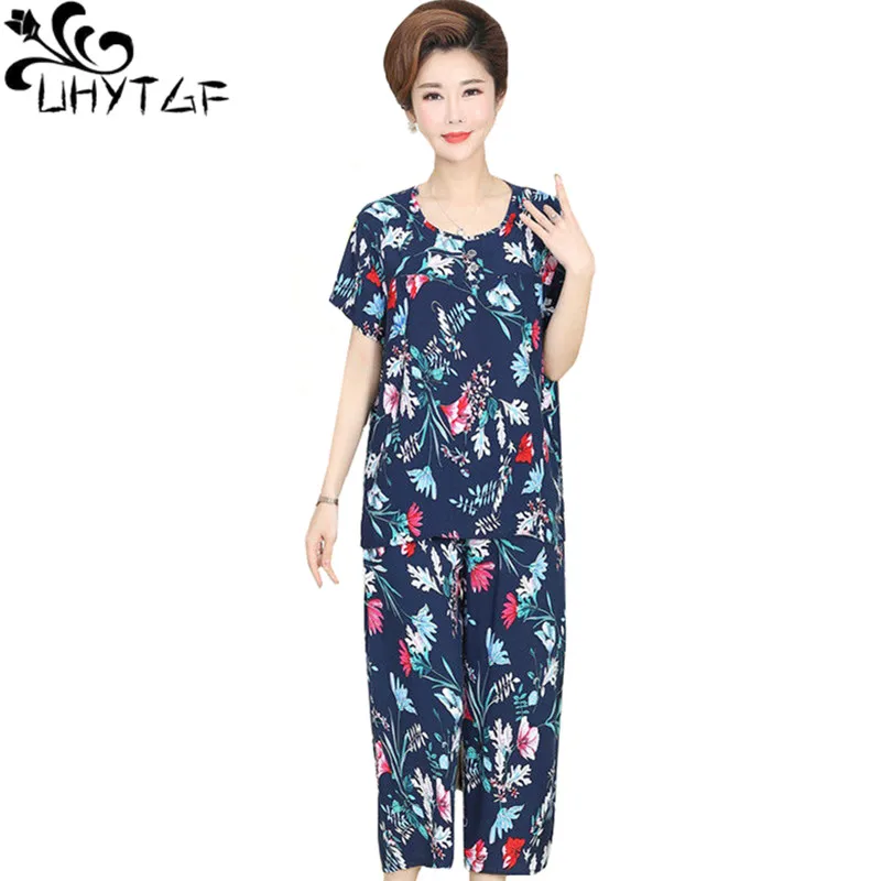 

UHYTGF Summer Two Piece Sets Women Outifits Printed Cotton Silk Thin Tracksuit Female Middle-Aged Elderly Mom Breathable Suit 79