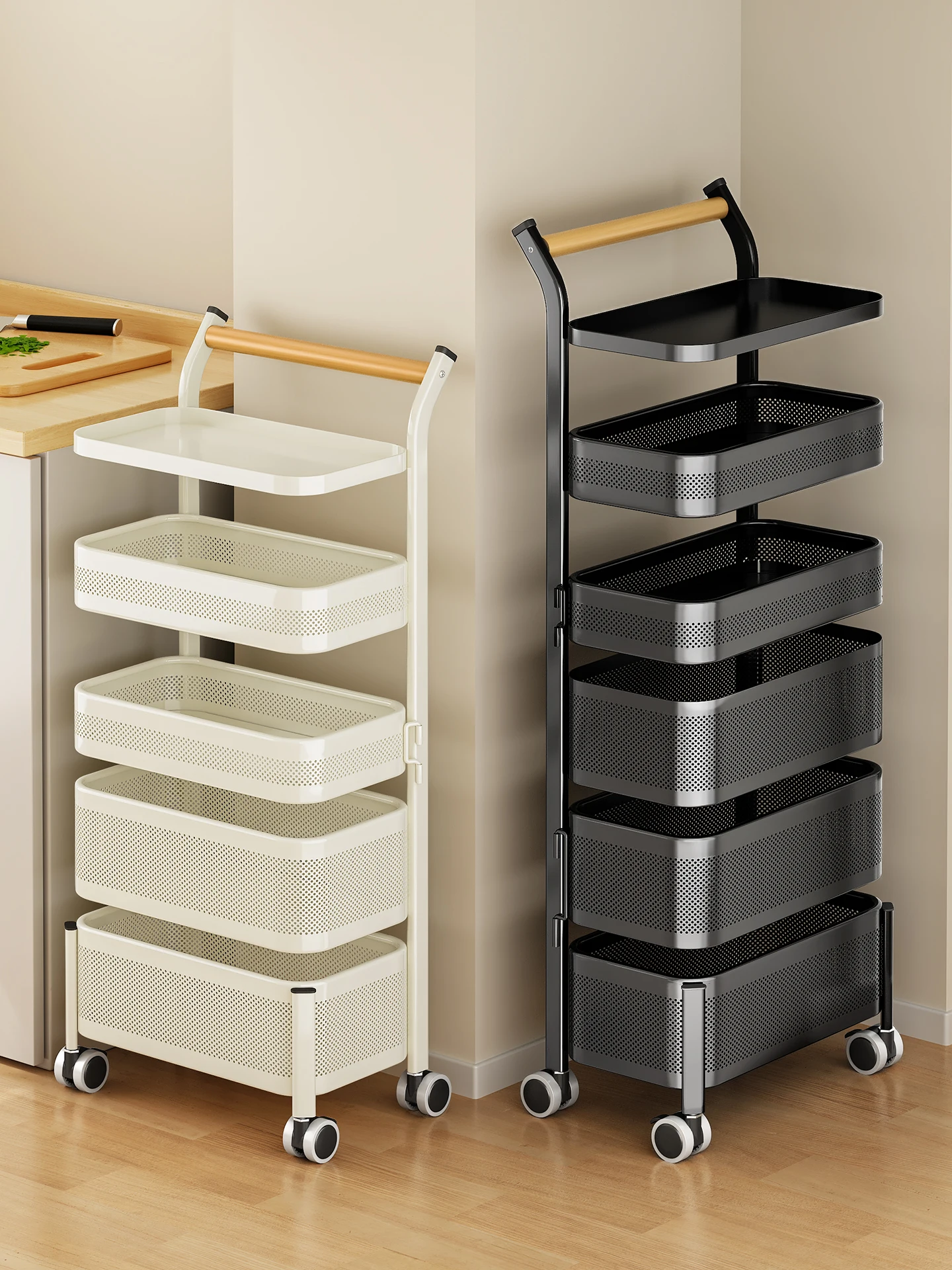 Kitchen Multi-layer Storage Rack Mobile Ground Cart Vegetable Basket Spice Storage Shelf Simple Style Carbon Steel No Install...