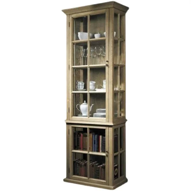 Solid wood American double-door wine cabinet, living room retro storage storage cabinet, glass display cabinet, European small