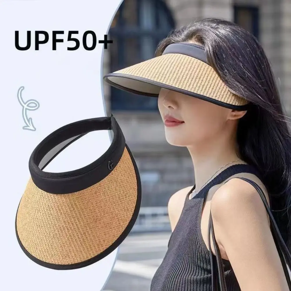 Trendy Visors Straw Hat Sun Protection Large Eaves Empty Top Hat UV Protection Beach Hat