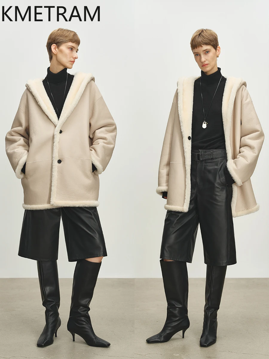 KMETRAM peau de mouton mérinos naturelle avec laine attaché manteau réversible vraie fourrure veste avec capuche 2025 hiver femme vêtements шу pia