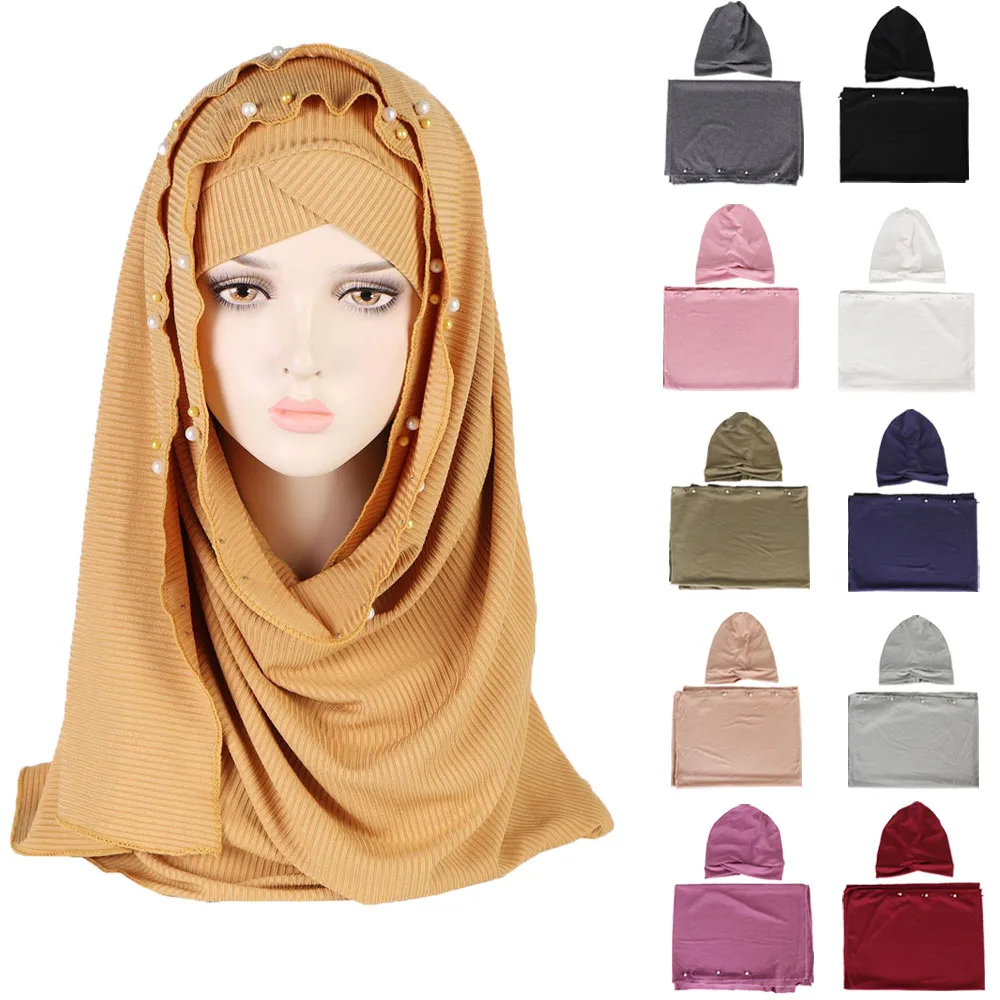 Hijab con cuentas con gorro interior a juego, bufanda para mujer, chal, bufanda, Jersey, gorros interiores, hiyab musulmán, conjuntos de envoltura de alta calidad