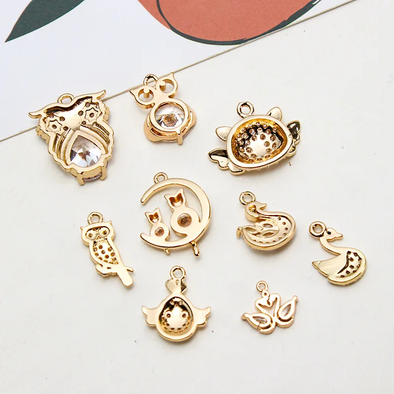 1pcs Copper Gold Plated Micro Inlay Zircon Swan Owl Necklace Pendant Diy Jewelry Earrings Accessories Materials Handmade Charms