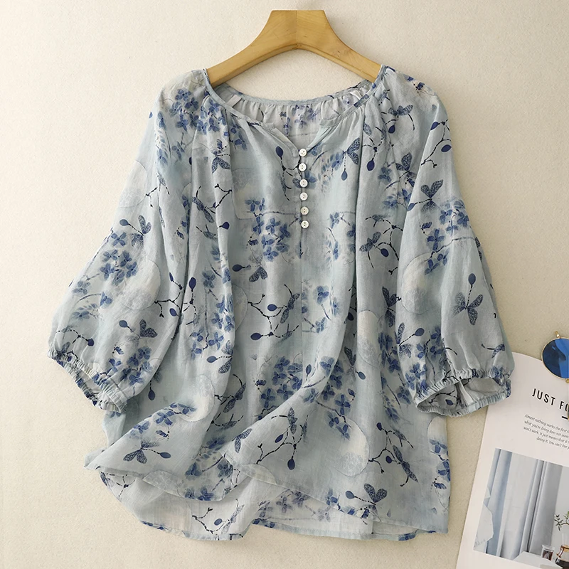 

Split V-neck Button-Trim Floral Cotton Linen Shirts Blouses For Women Vintage Printed Casual Loose Pink Blue Boho Top Summer
