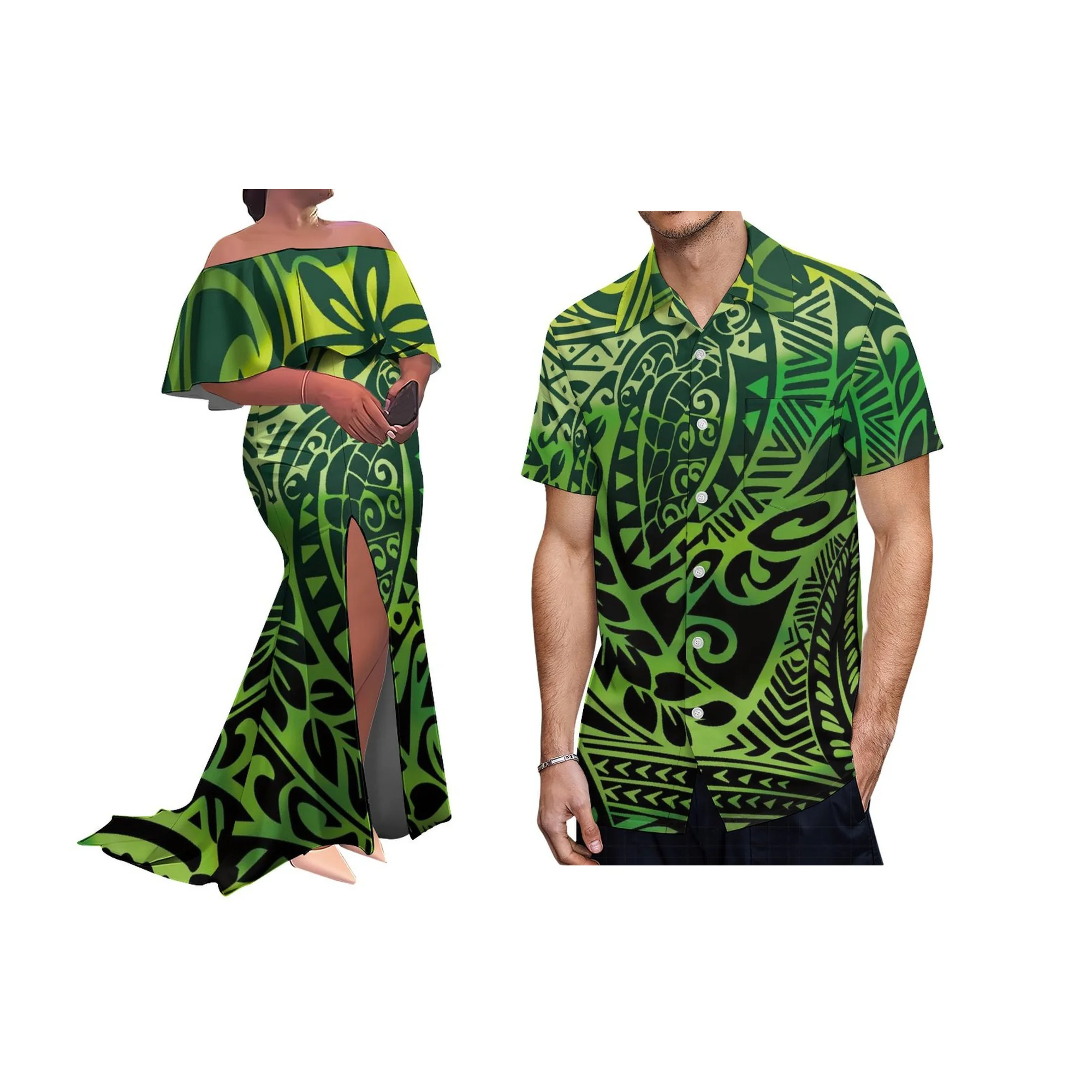 

Hawaiian Print Design Ladies Short Sleeve Long Maxi Dress Custom Tonga Samoan Puletasi Ptaha O-neck Ruffle Casual Dress 2pcs