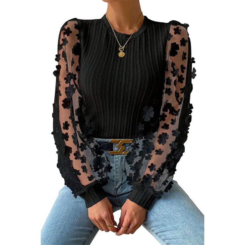 Fashion 2024 Women's Autumn New Hedging Trend Black Round Neck Slim Stitching Long-sleeved T-shirt Women Casual Ladies Tops