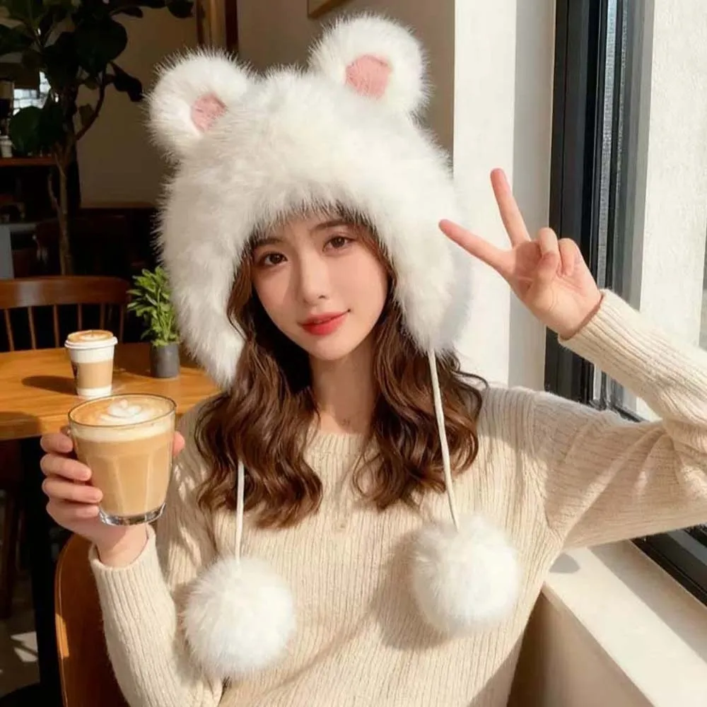 

Cute Anti-cold Winter Hat Cartoon Solid Color Rabbit Ear Warmer Hat Windproof Soft Ear Protection Cap Women