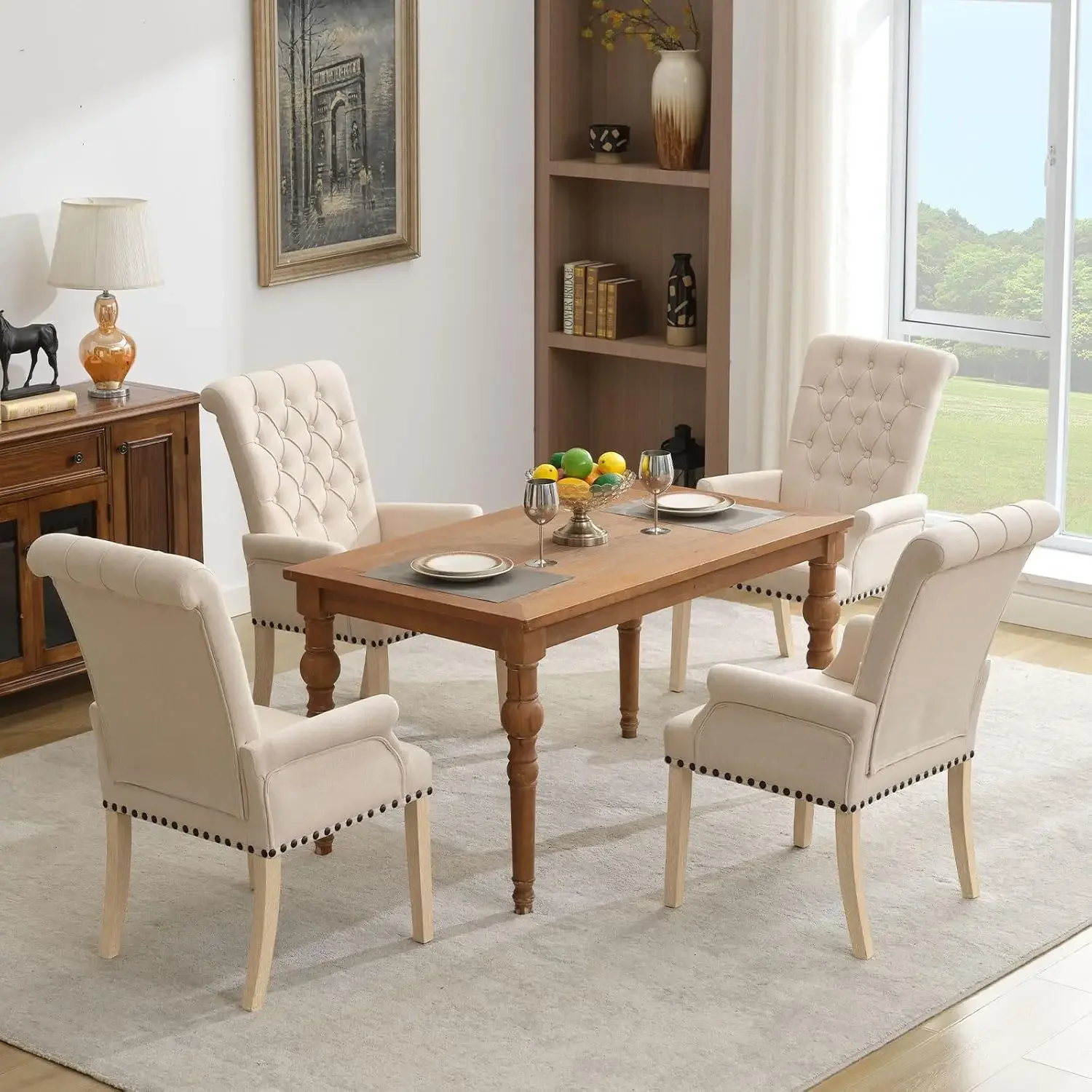 Upholstered Fabric Accent Dining Chair, Elegant Tufted Club Dining Room Kitchen Room Arm Dining Chair, Beige