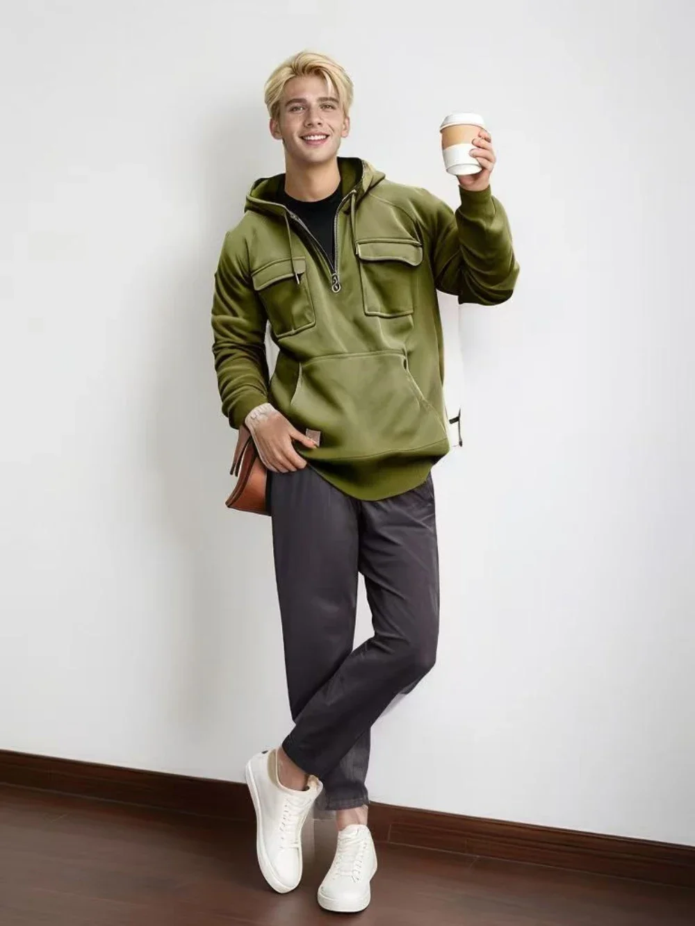 

2025 Men's Hoodies Sweatshirts Multi Pockets Men Clothing Spring And Autumn Male Hooded Jackets Outdoor Half Zipper Solid ColorB