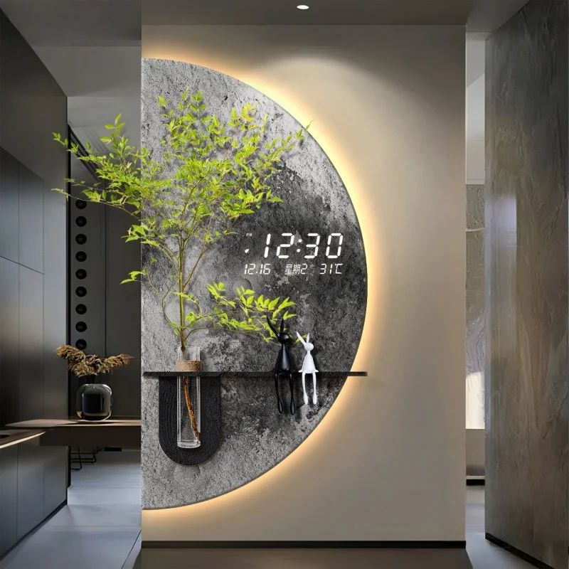 2026 Hydroponic Green Decorative Painting Background Cream Senior Living Room Hanging Painting Sandstone Led Lights With Clock