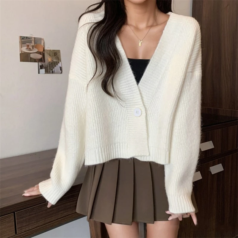 

Fashion V-neck Women Cardigan Short Sweater Autumn /Winter One Button Knitted Jackets Elegant Loose Office Basic Casual Coats