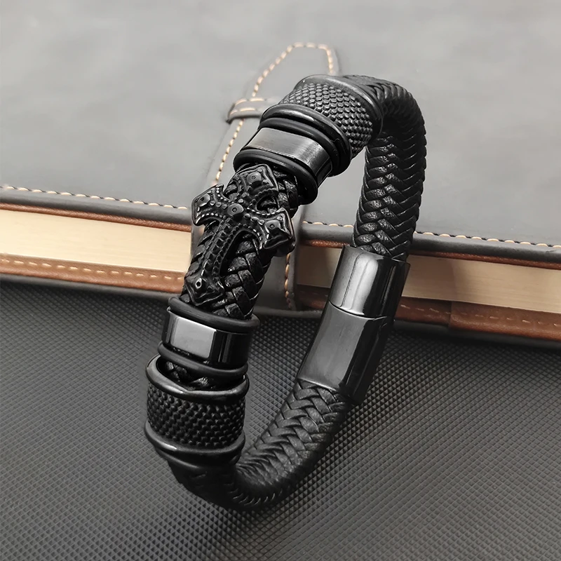 Dark Series Men\'s Leather Cross Bracelet New Fashion Hand-woven Rope Multi-layer Combination Stainless Steel Male Jewelry Gift