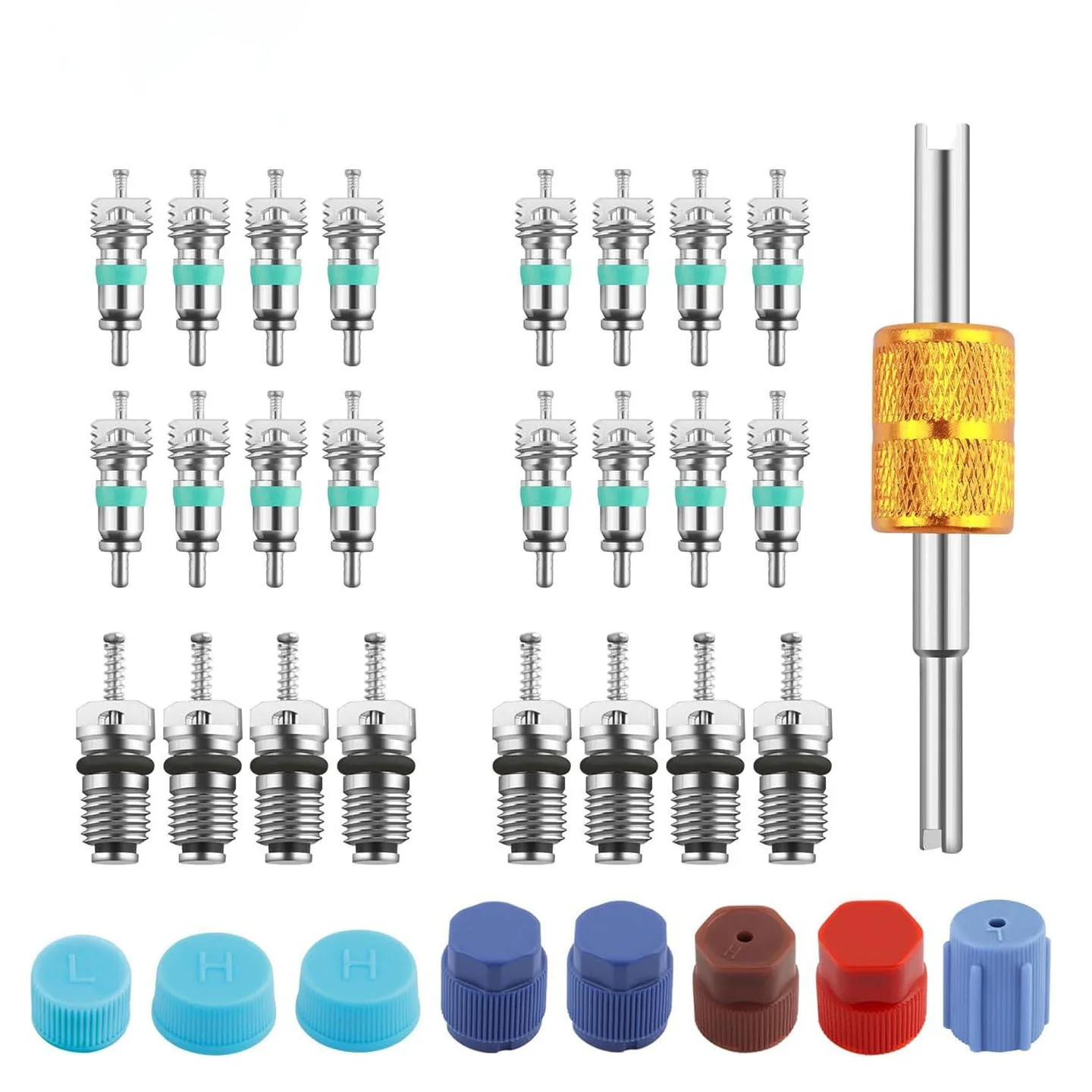 34Pcs AC For Service Kit Valve Core Removal Tool With 16 Color Coded Sealing Covers For Automotive Repair Maintenance