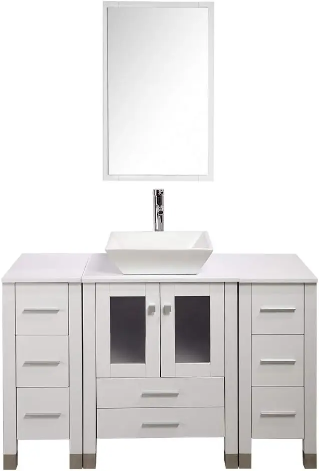 Moderno juego de tocador de baño de 48" - Mueble con tapa de lavabo de cerámica, grifo, desagüe y espejos flexibles, blanco
