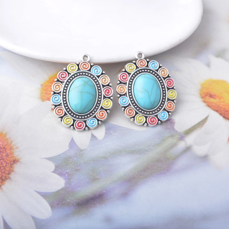 12 Stück Böhmischer Stil Antik Silberfarbene Emaille Imitation Türkisblau Charms Ohrringe Anhänger Zubehör DIY Damenschmuck – Detail 9