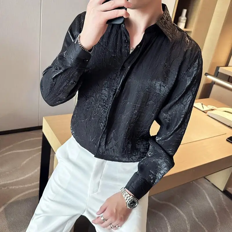 2023 Summer Fashion Pleated Design Floral Shirt Men\'s Long Sleeve Slim Casual Shirts Ice Silk Gradient Sunscreen Clothes Shirts