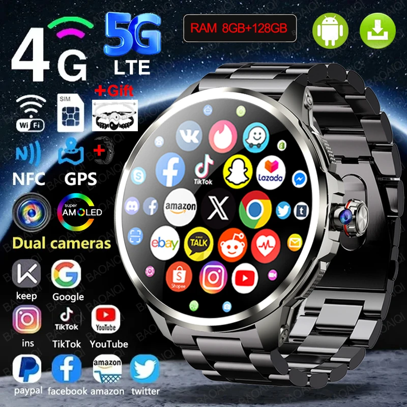 

4G/5G SIM Card Smart Watch Men 1.95 inch 720*720 AMOLED Screen 8GB+128GB RAM 900W Camera GPS WIFI Google APP Download Smartwatch