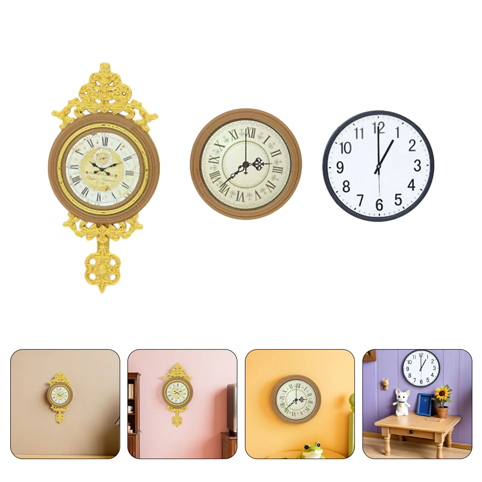 

3Pcs Vintage Decorative Wall Clock Miniature European Style Hanging Clock Living Room Dollhouse Accessories Realistic Pendulum