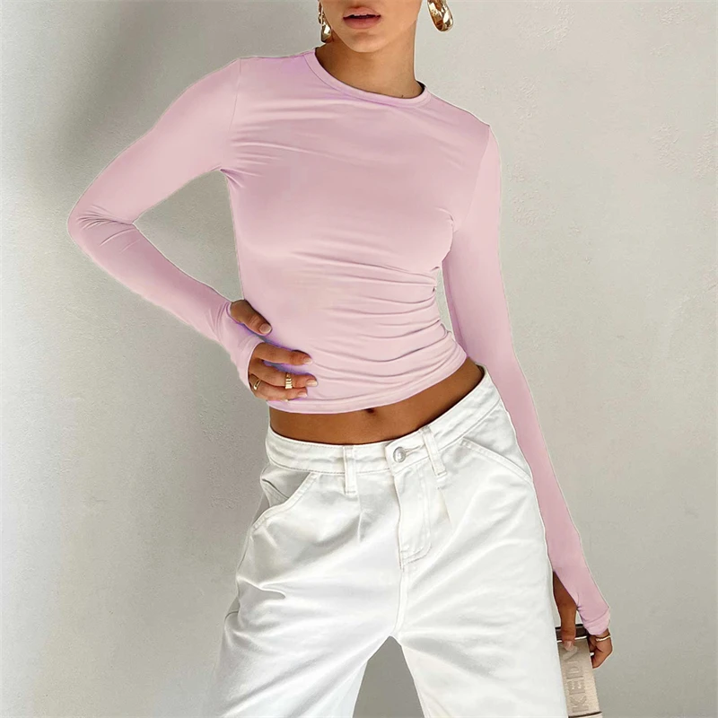 Lamuusaa y2k Tops Women Clothing 2000s Solid Color Round Neck Long Sleeve T Shirts with Thumb Holes Sexy Clothes Streetwear