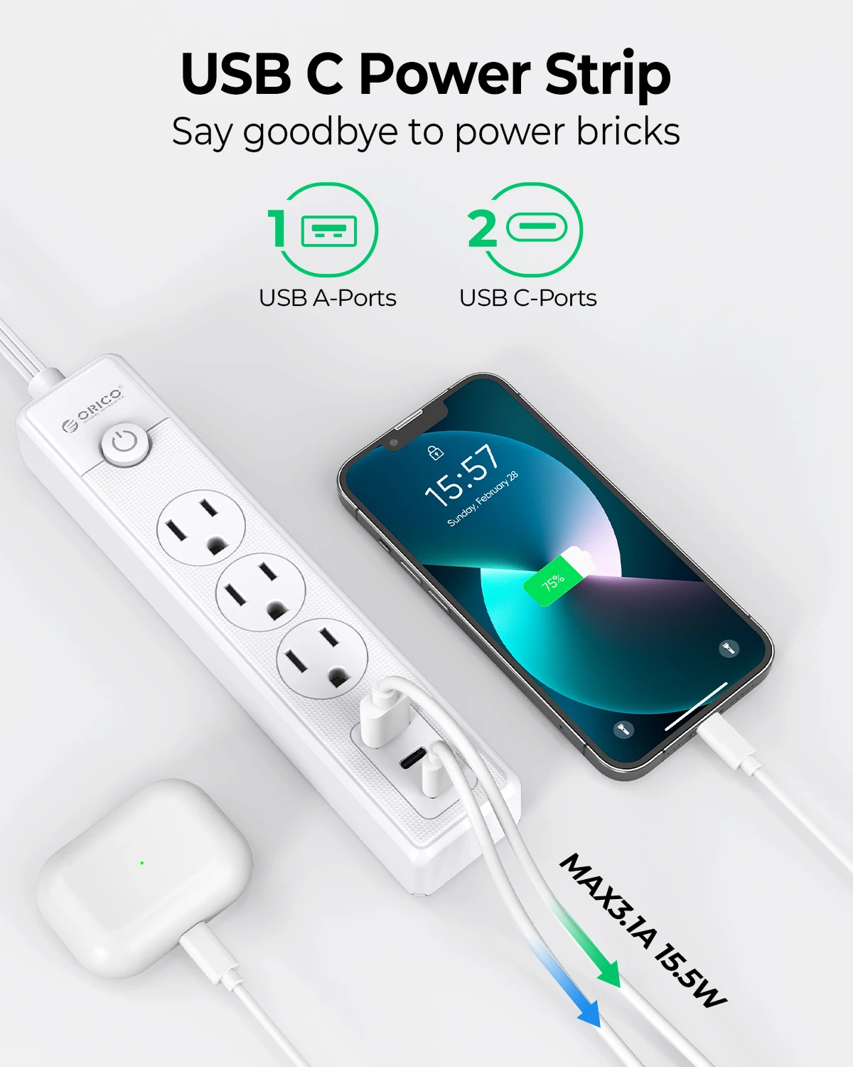 

ORICO 6-in-1 USB C Power Strip Flat Plug Extension Cord 3AC 2USB-C QC15.5W Travel Home Office Desk 7-Safety Protections​