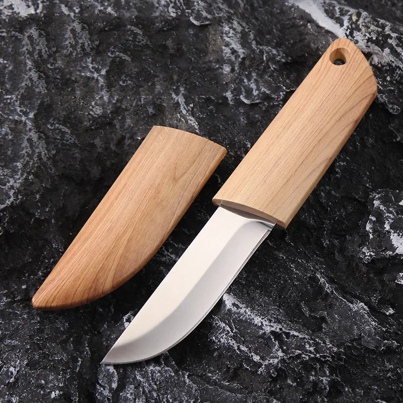 Blade EDC Kitchen Fruit Imitation Wood Handle Knife with Wooden Sheath Outdoor Camping Multifunctional Unpacking Knife