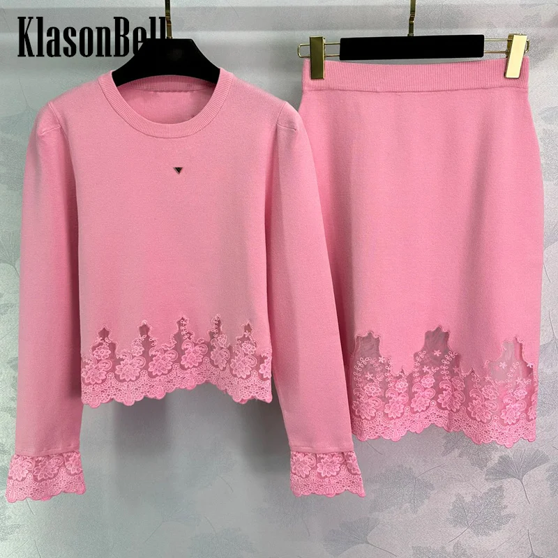 

8.2 KlasonBell Women New Metal letter Embroidery Lace Spliced Hem Long Sleeve Wool Knitwear + Elastic Waist Midi Skirt Knit Set