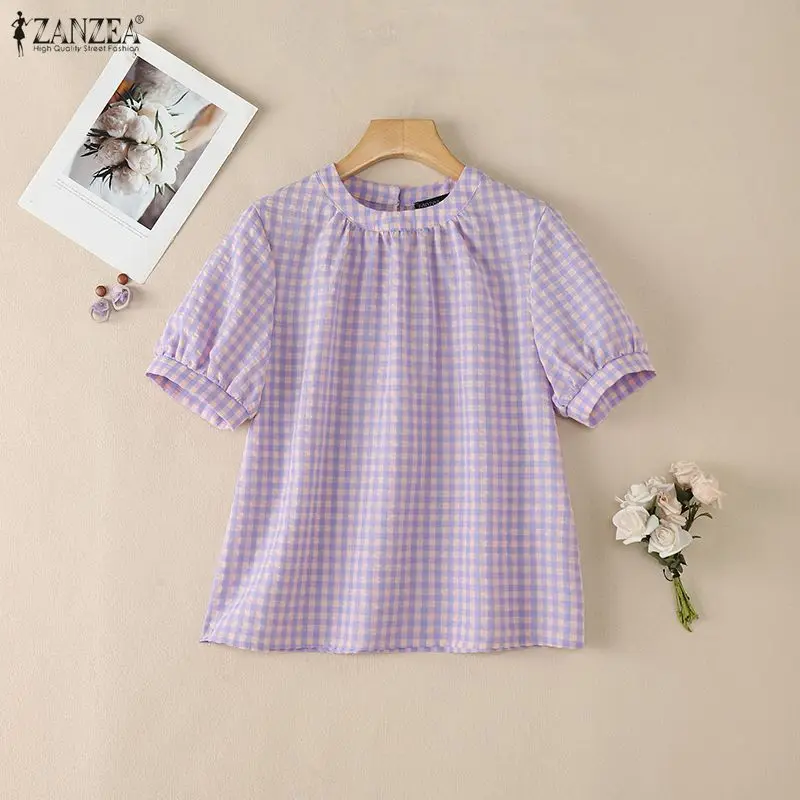

Летняя клетчатая блузка ZANZEA 2026 для женщин, с круглым вырезом, коротким рукавом, принтом в клетку, повседневная свободная рабочая рубашка, женская праздничная блузка оверсайз