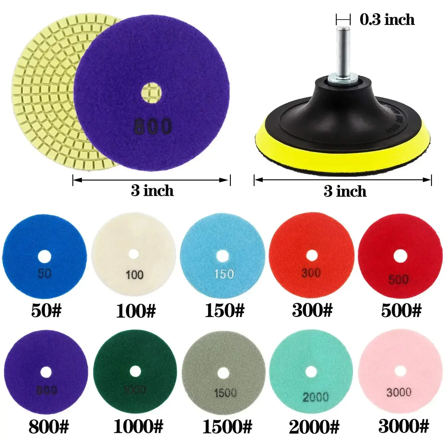 3 Inch Diamond Polishing Pads Set Wet/Dry 10Pcs 50-3000 Grit with 2Pcs Hook Loop Sanding Pad for Granite Stone Grinder Polisher