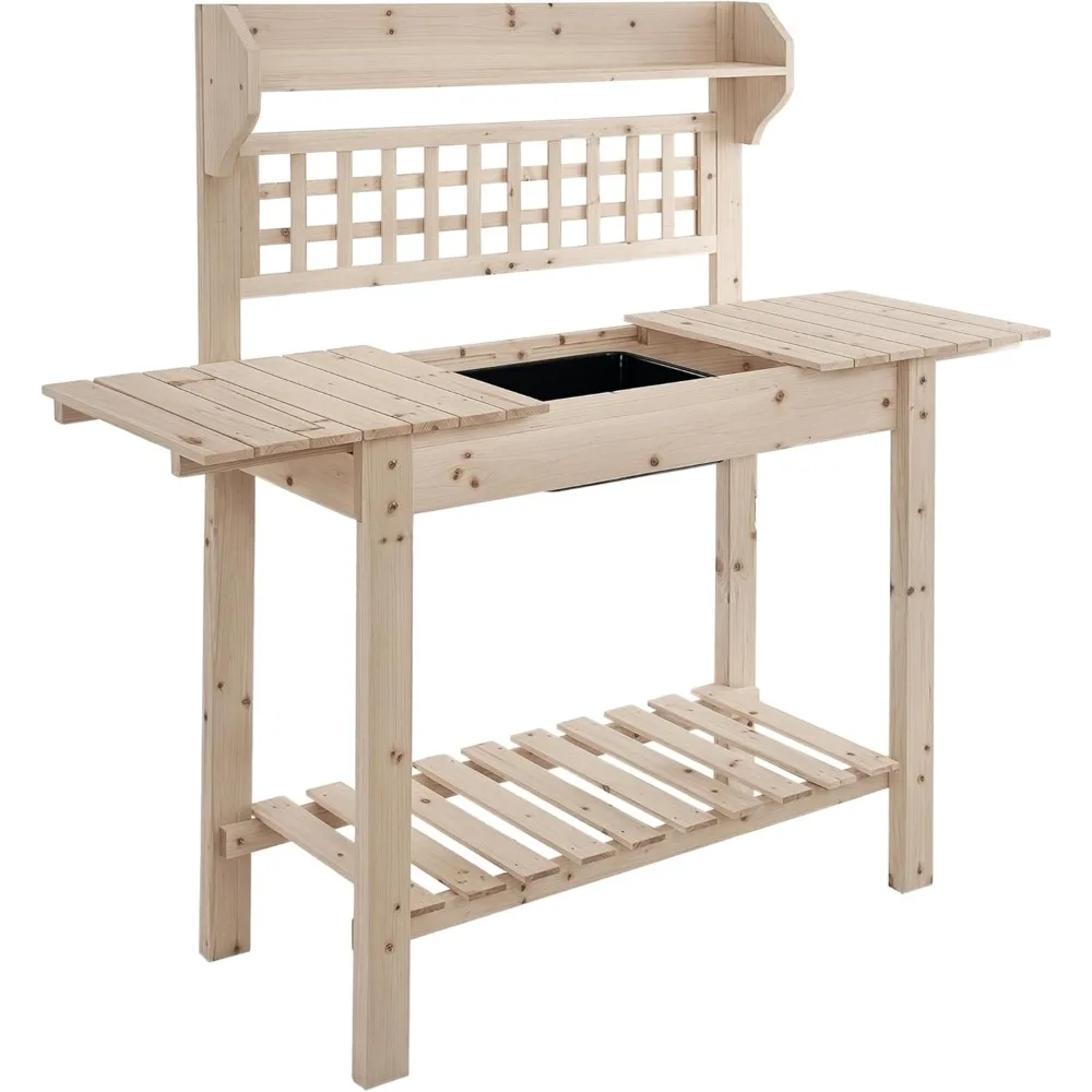 

Outsunny Outdoor Potting Bench Table, Wooden Workstation with Sliding Tabletop, Storage Shelf and Dry Sink, for Greenhouse, Gard