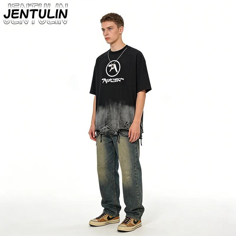 Y2k Streetwear Harajuku Aphex Twin Shirt Washed Black Grey Gradient Drawstring Ripped Hem Loose Short Sleeved T-shirt Aesthetic