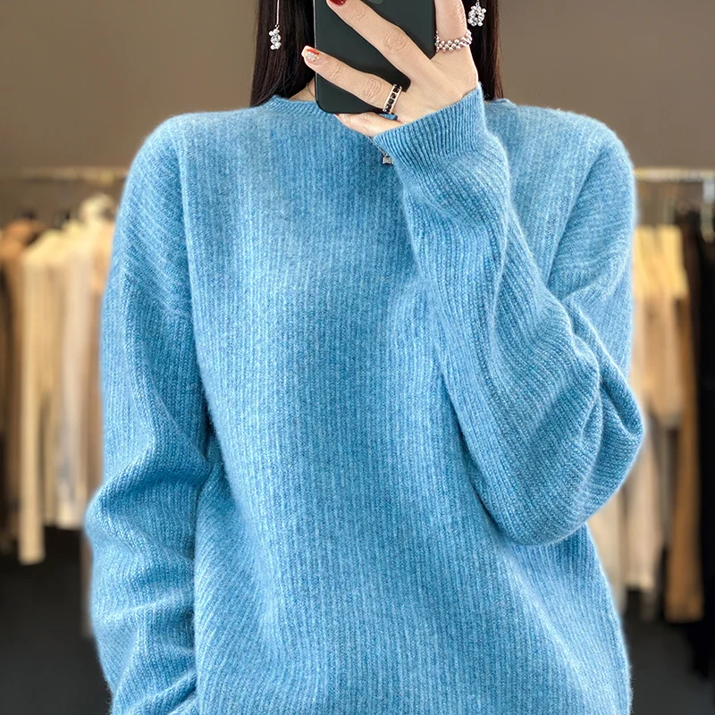 New 100% Pure Wool Sweater Women's Round Neck Pullover Loose Large Size Fashion Cashmere Sweater 2023 Autumn/Winter Knitted Top