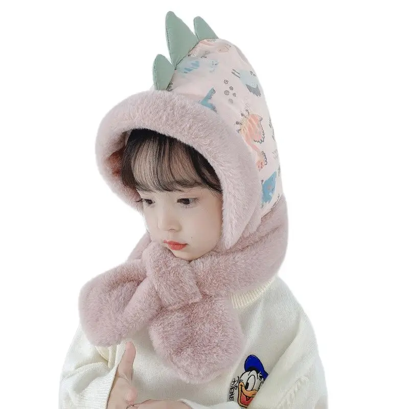 

Doitbest Down Fabric Children Winter Hats Beanies Set Kids Cute Dinosaur Child Fur Hat Scarf One piece Boys Girls Earflap Caps