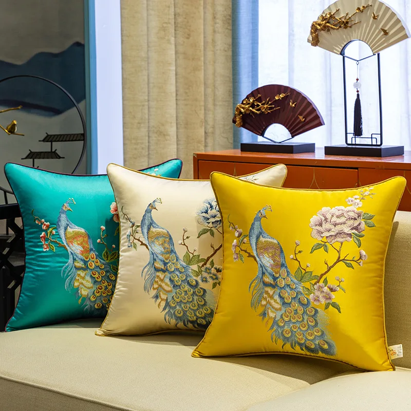 New Chinese style living room sofa cushion peony peacock embroidery pillow cover living room embroidered pillowcase