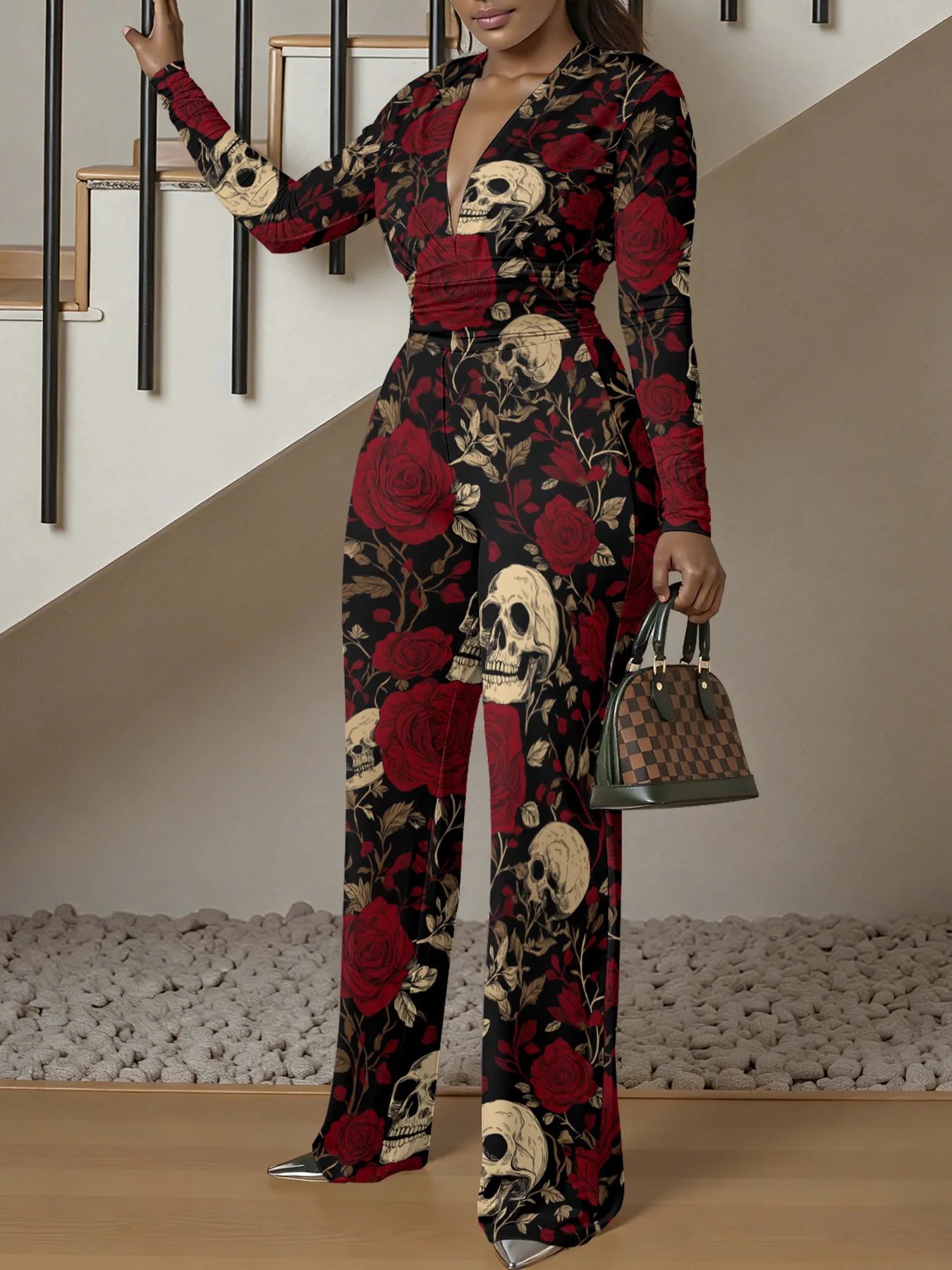 Macacão justo de manga comprida com decote em V, ideal para o outono, feminino, elástico, peça única, para a primavera, roupa de rua de luxo, para fes