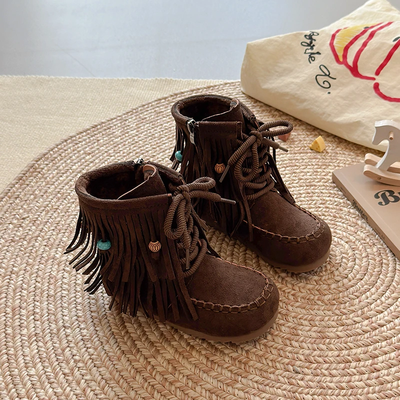 Kids Short Boots Ethnic Style Girls Princess Boots Fashionable Versatile Winter New Retro Children Casual Boots Suede Plush Warm