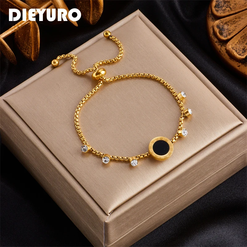 DIEYURO 316L Stainless Steel Round Roman Number Bracelet For Women Vintage Trend Girls Zircon Wrist Jewelry Party Gift брелок