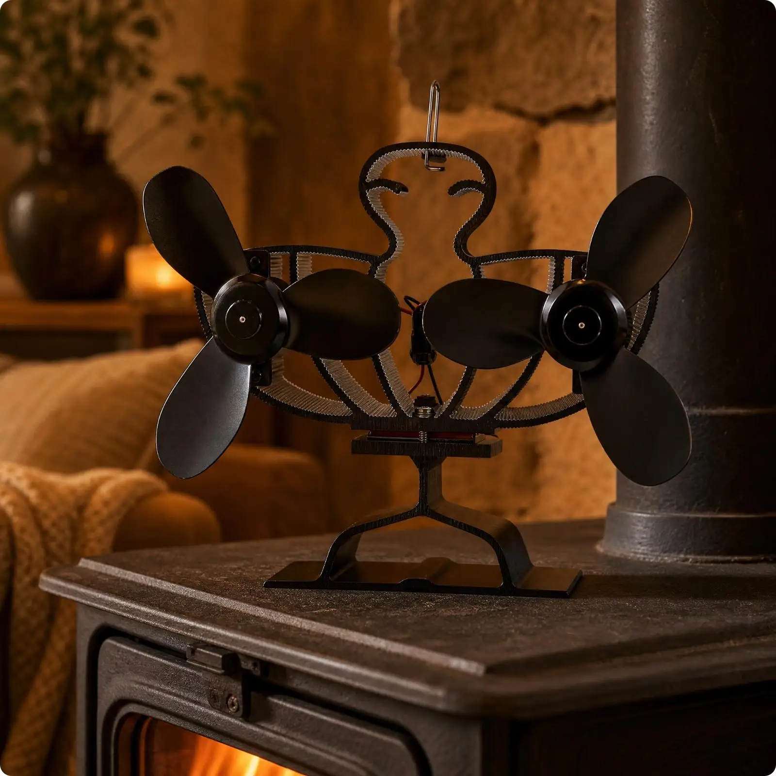 Heat Powered Stove Fan for Wood Log Burner Black Aluminum Eco Friendly Quiet Tabletop Fireplace Heater Circulator