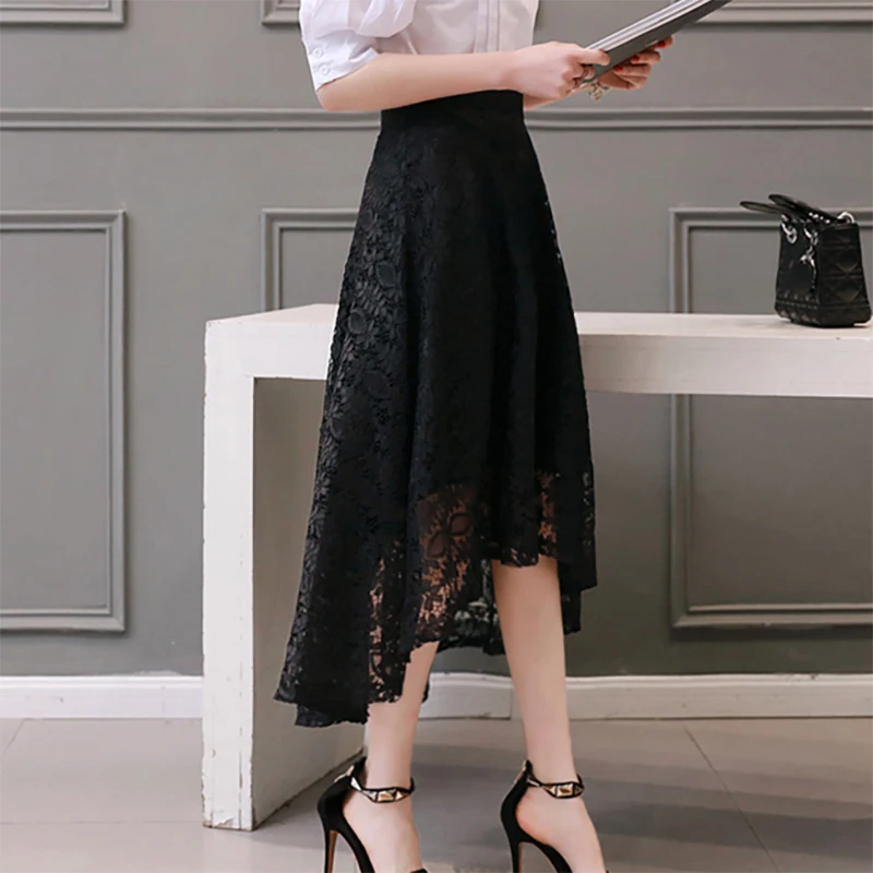 Elegant Solid Color Lace Asymmetrical Skirts Women's Clothing Summer New Loose Elastic High Waist Irregular Skirts