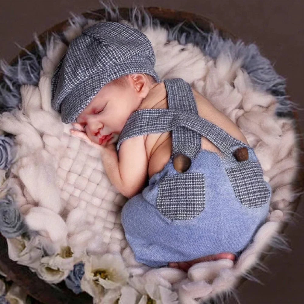 Classic Soft Newborn Photography Outfit Suspender Romper Newsboy Hat Gentleman Suit Set Baby Romper Set Baby Photo Shoot