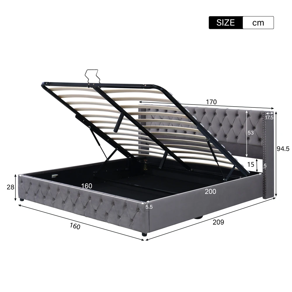 Gepolstertes Doppelbett aus schwarzem Samtflanell mit Nietenknopf und hydraulischem Stauraum (ohne Matratze), 160 x 200 cm oder 180 x 200 cm – Detail 18
