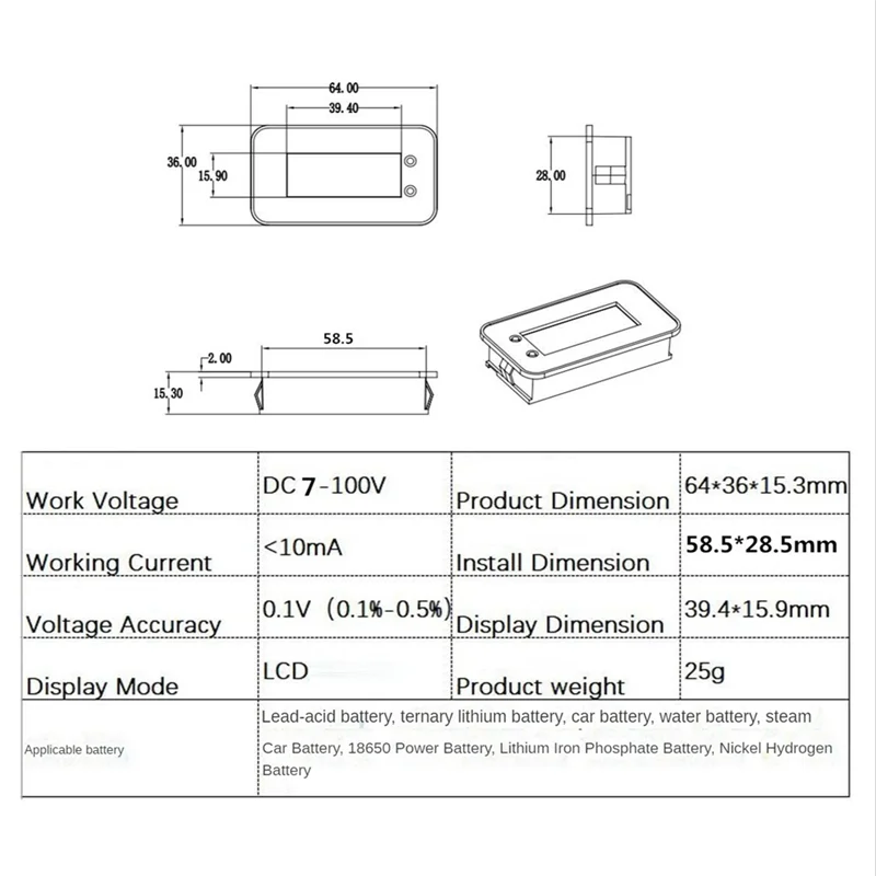 7-100V Digital Battery Capacity Tester Battery Monitor Voltage Temperature Switch Meter for Car Ships, NO Waterproof