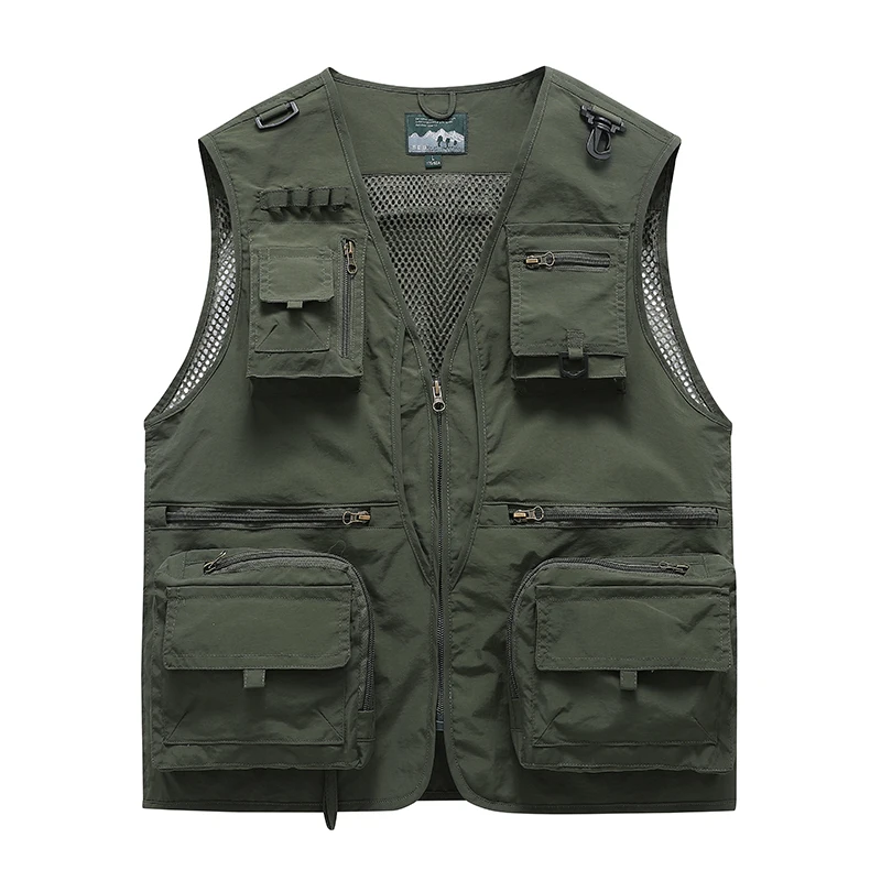 Neue, leichte Sommerweste aus atmungsaktivem Netzstoff, die schnell trocknet, für Herren, mit mehreren Taschen, als Angelweste oder Freizeitweste geeignet, mit ausgeschnittenen, übergroßen Schulterpartien. – Detail 4