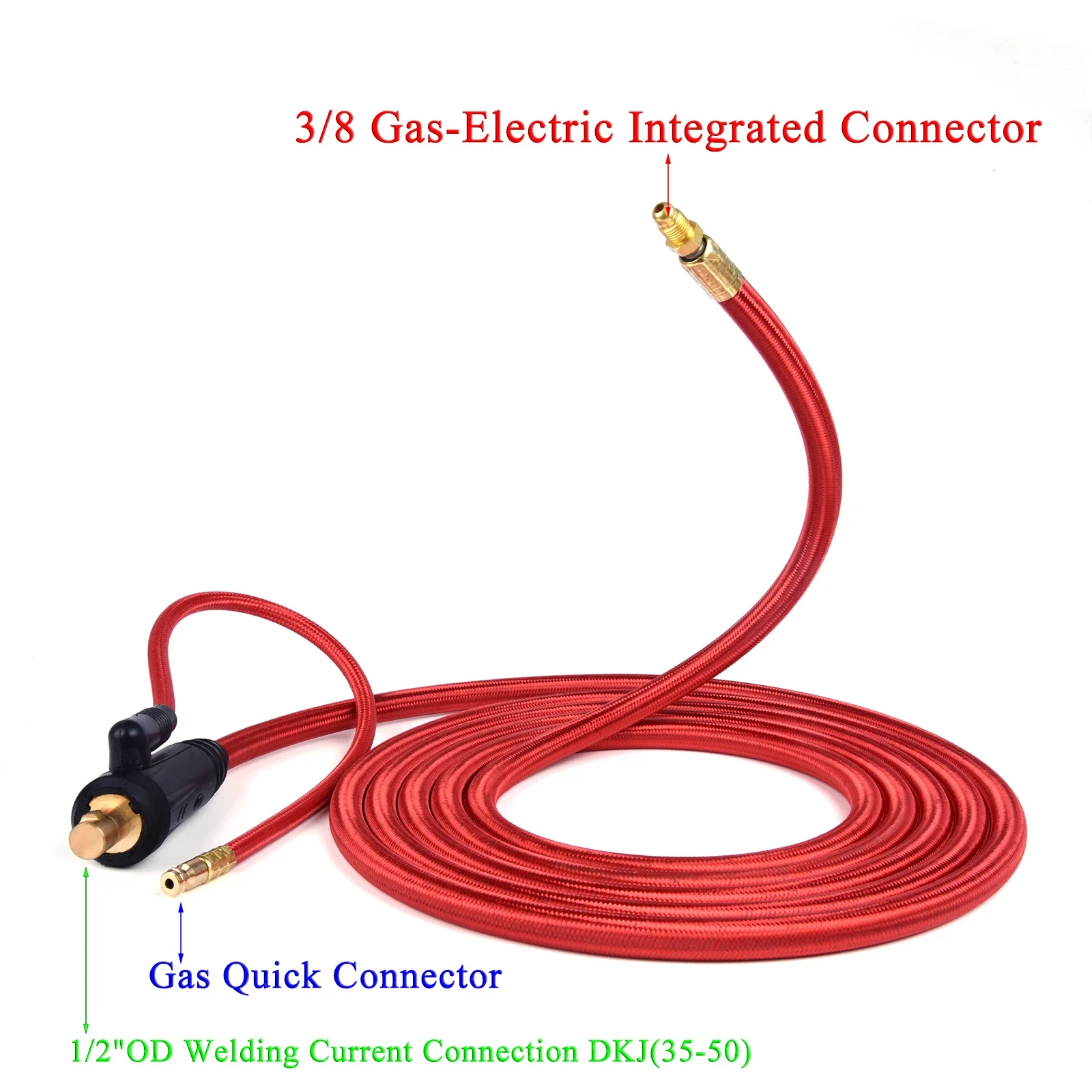 4m/7m WP9 TIG Welding Torch Gas-Electric Integrated Red Rubber Hose Cable Wires 5/8 UNF Quick Connector 35-50 Euro Connecto