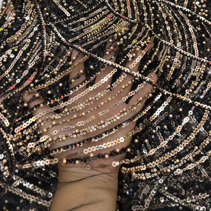 

Luxury French Beaded Lace Fabric 2026 Striped Beads Embroidery on Mesh Lace Nigerian Fabric for Wedding Party Dress Sewing