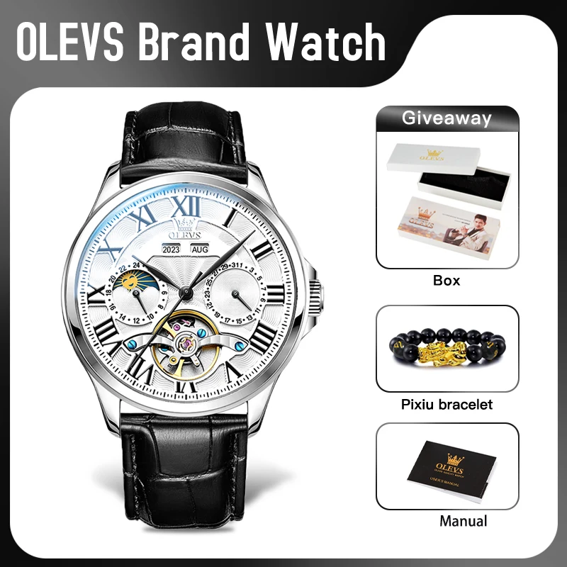 OLEVS 7013 Mens Watch Original Mechanical Wristwatch Multifunctional Chronograph Waterproof Luminous  Leather Strap Mens Gifts